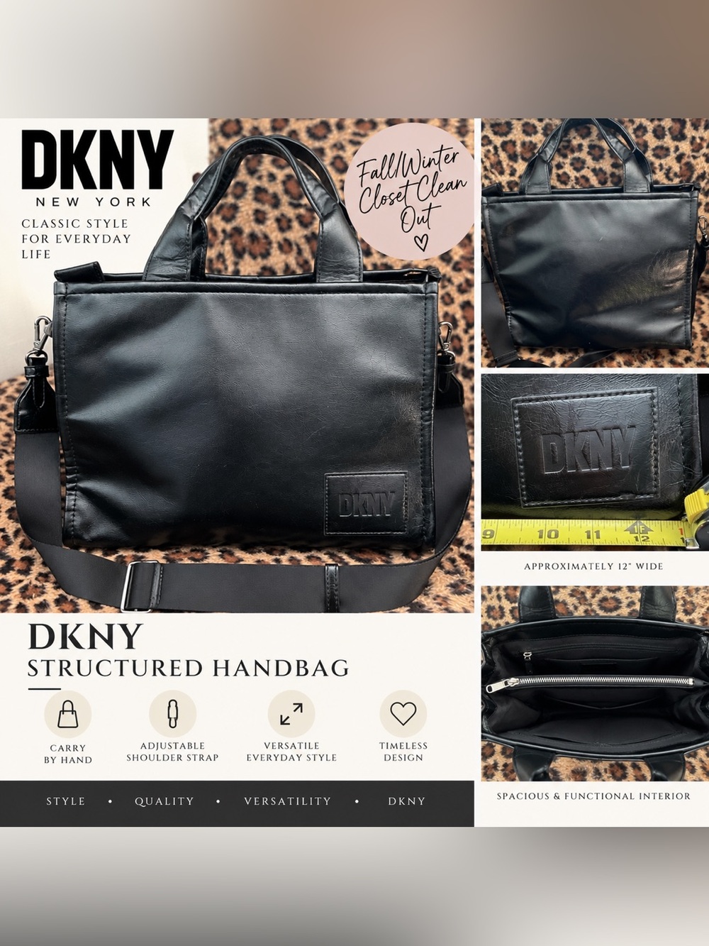 DKNY Black Leather Messenger Tote with Adjustable Strap